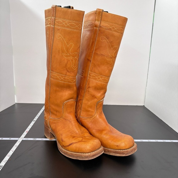 Vintage Shoes - Vintage Womens Western Cowboy Boots 7.5N Tan Leather Longhorn USA Made Campus